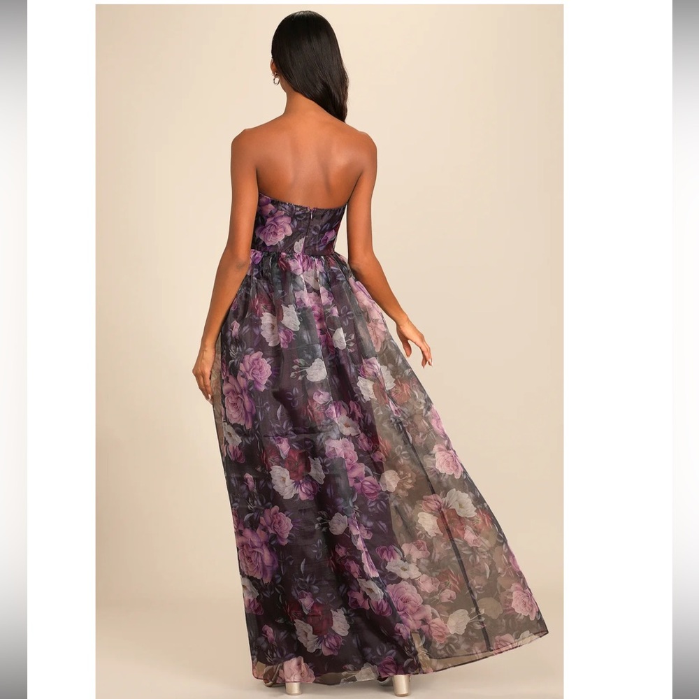 Lulus Wonderful Waltz Purple Floral Print Strapless Bustier Organza Maxi Dress S - Picture 2 of 14